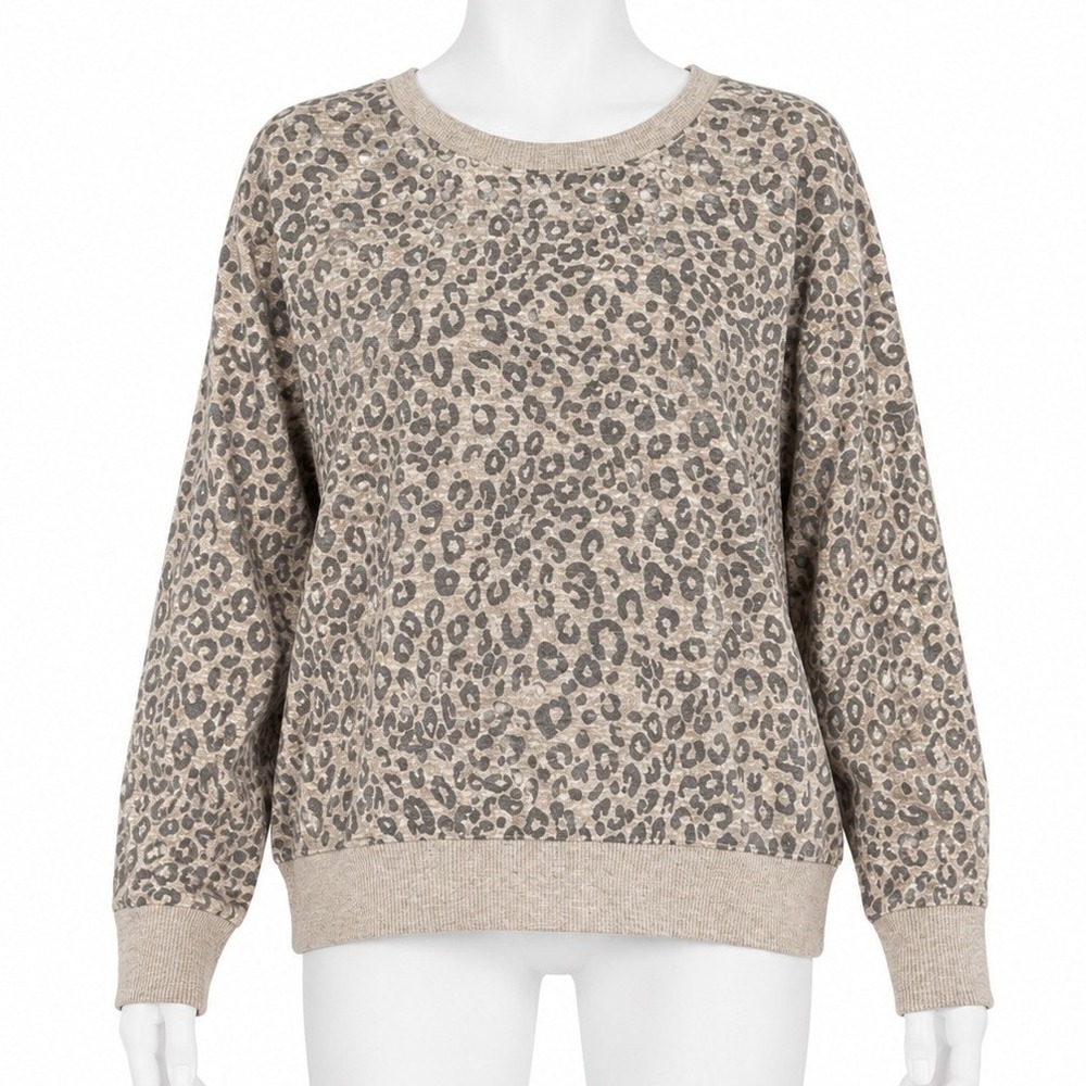 Splendid Sweater Womens Large Gray Leopard Animal Print Crew Neck Long Sleeve